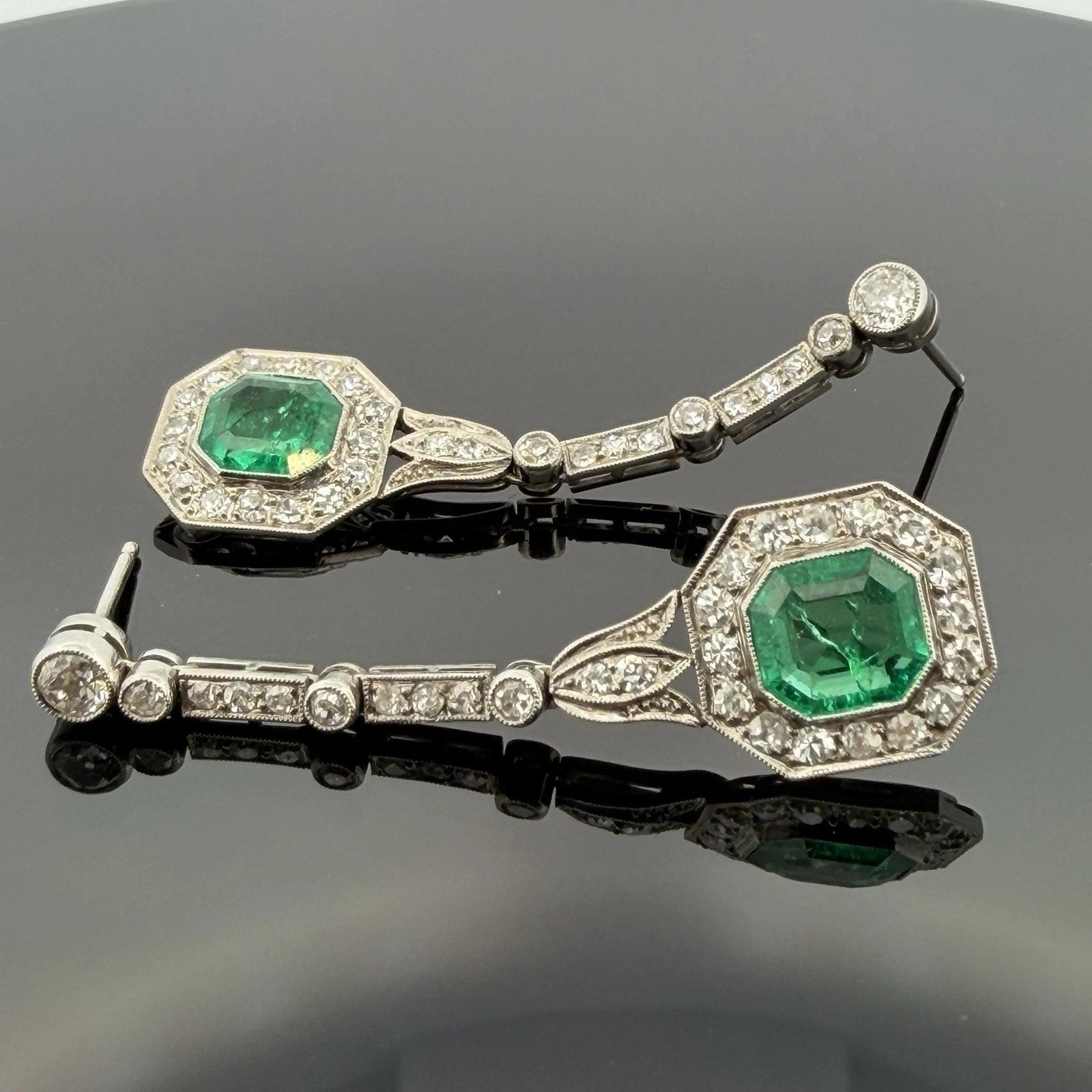 Colombian Emerald and Diamond Platinum Drop Earrings GIA Jewelry Report Certified, additional view