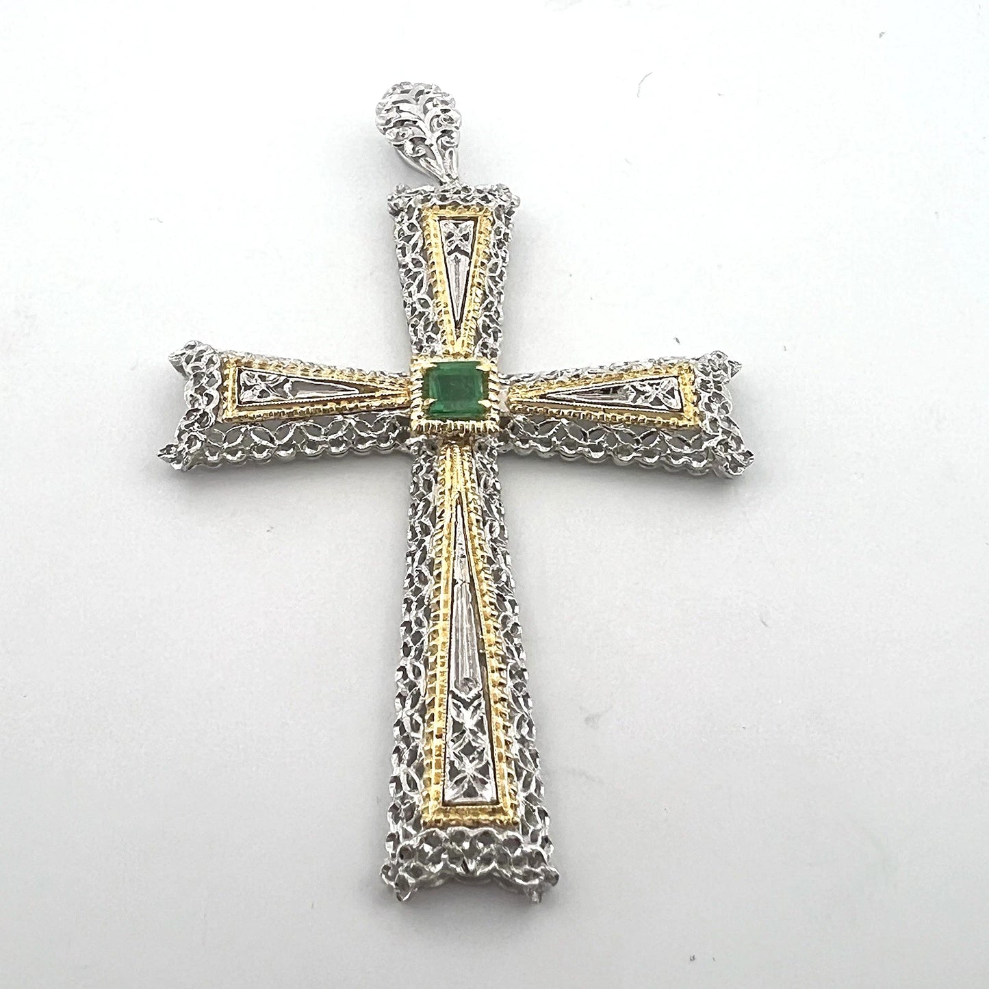 Vintage 18K Two-Tone Gold Natural Emerald Filigree Cross Pendant Italy Large