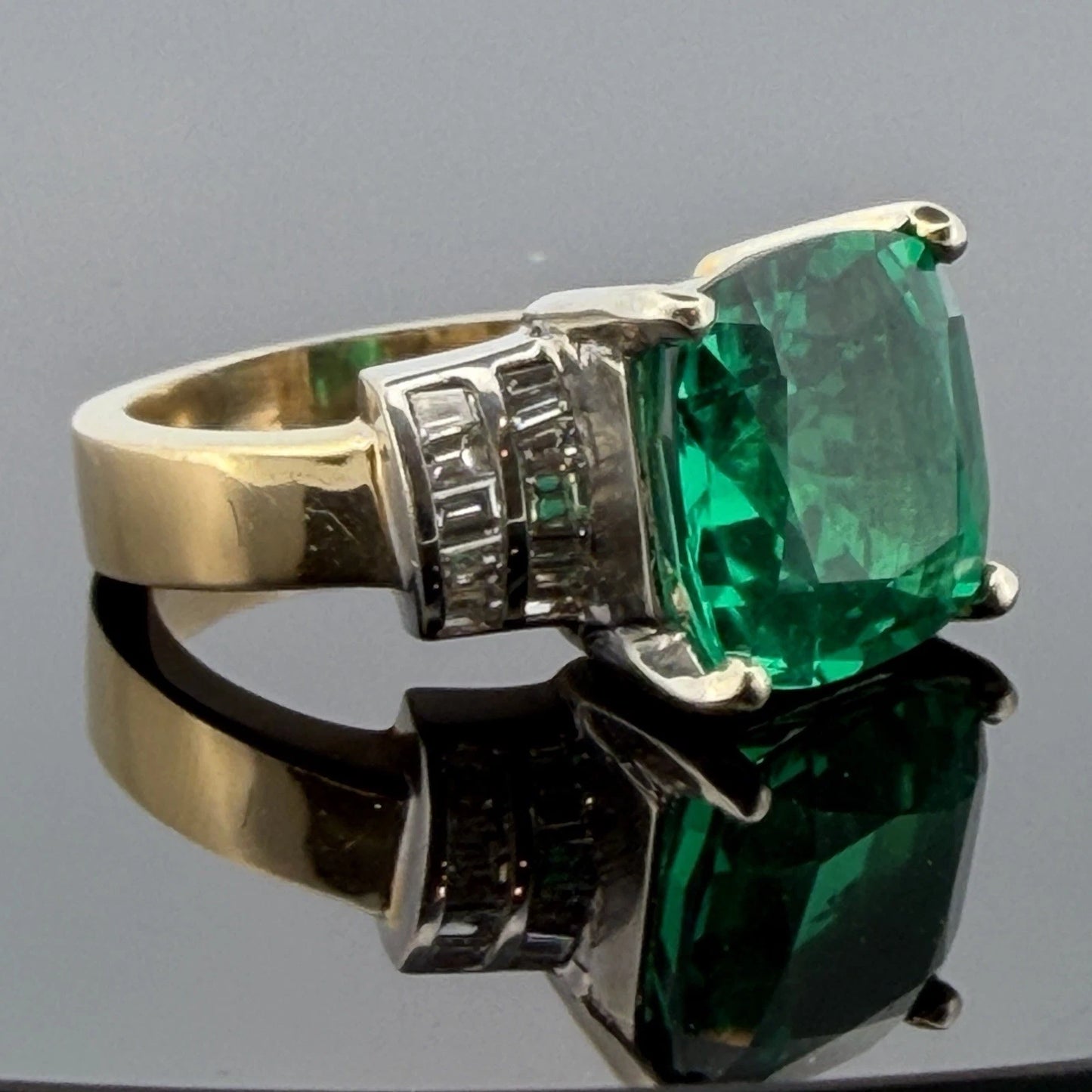 Lab Created Emerald and Diamond Ring 14K Two Tone Gold Heavy Mounting 12x12mm Sz 8, side detail