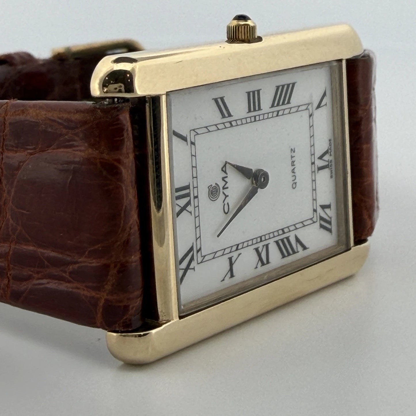 Cyma Swiss Quartz Tank Style Watch 14K Yellow Gold Case Vintage 1990's, strap detail