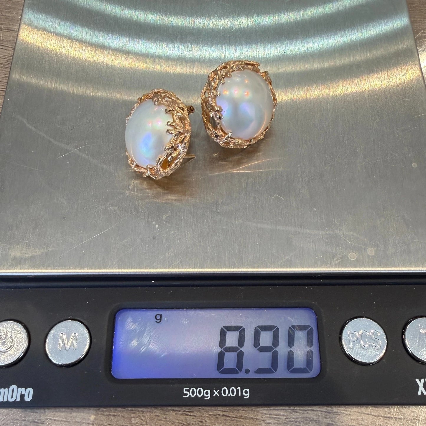Vintage 14K Gold Mabe Pearl Omega Back Earrings 14mm 8.90g Estate