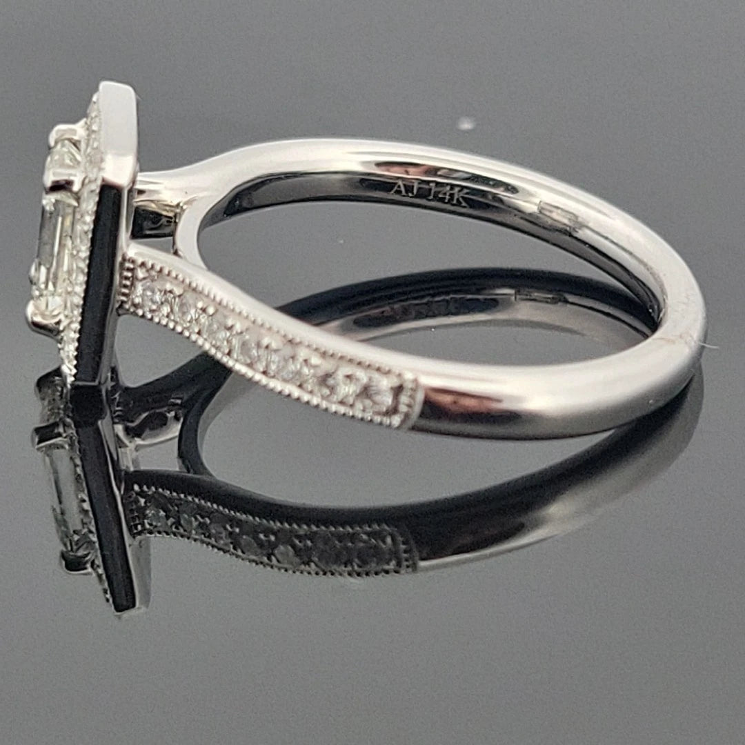 14K White Gold Emerald Cut Diamond Ring 0.72ct VS2 J, Halo Diamonds 0.34ctw by Devine & Co — detail view