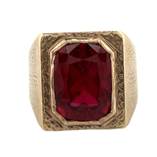 Vintage Men’s 14K Rose Gold Lab Created Rectangle Ruby Signet Ring Heavy 25.95g, main view