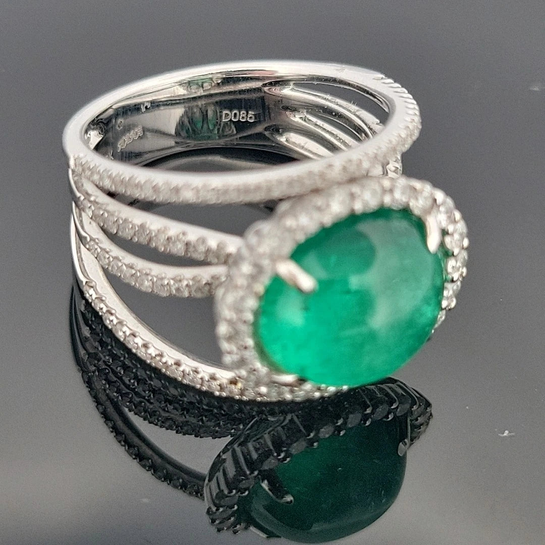 18K White Gold Oval Cabochon Emerald Ring 4.63ct Diamond Split Pave Shank 0.85ct by Devine & Co — side view