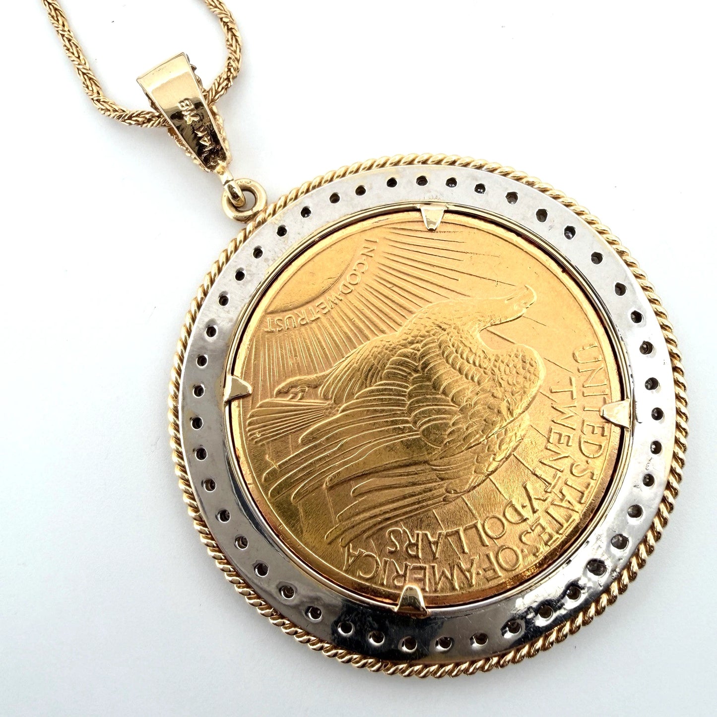 1909 $20 Liberty Gold Coin Diamond Bezel Pendant 14K Gold Necklace 54.62g