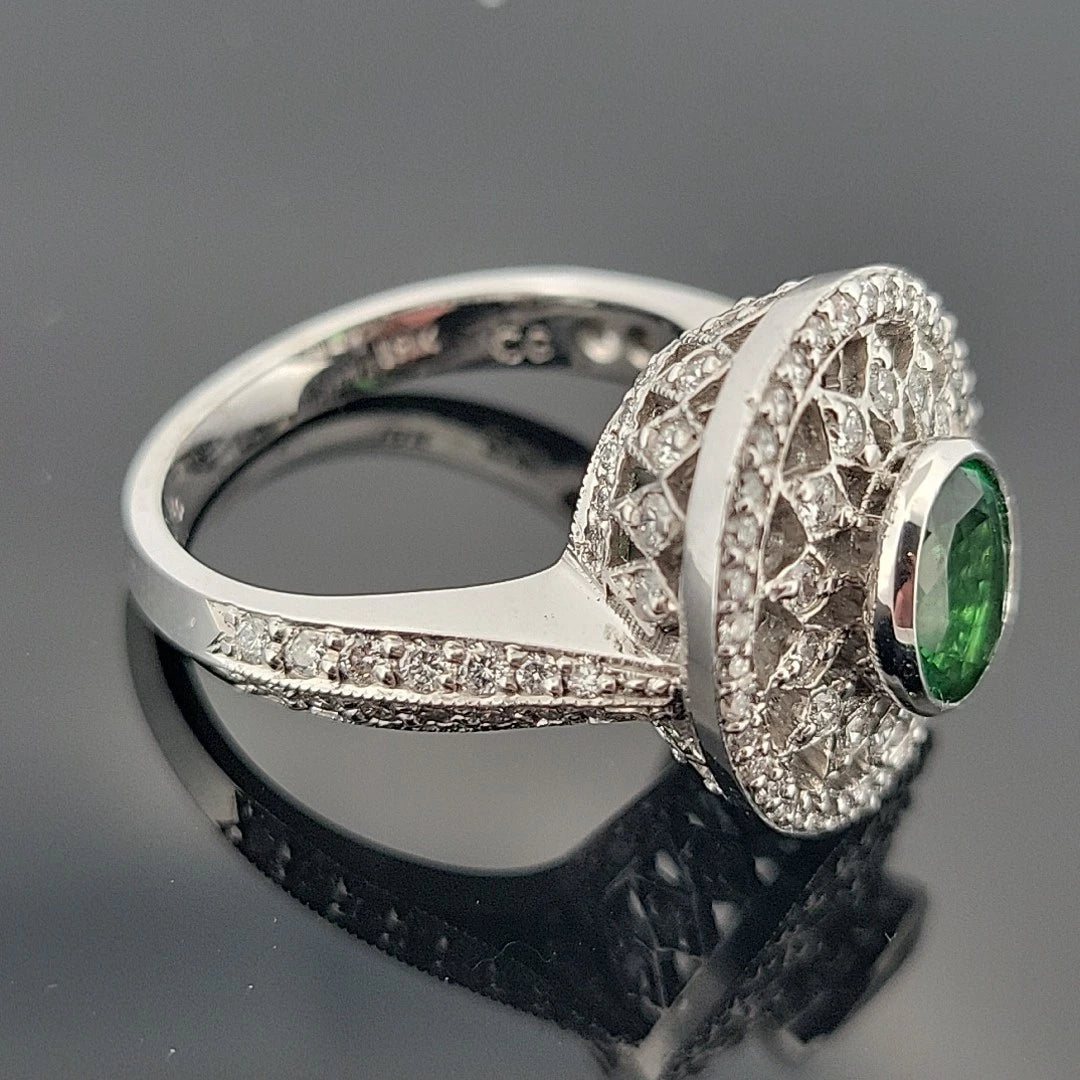 18K White Gold Tsavorite & Diamond Ring 1.51ct Oval Tsavorite 1.02ctw Diamonds by Devine & Co — side view
