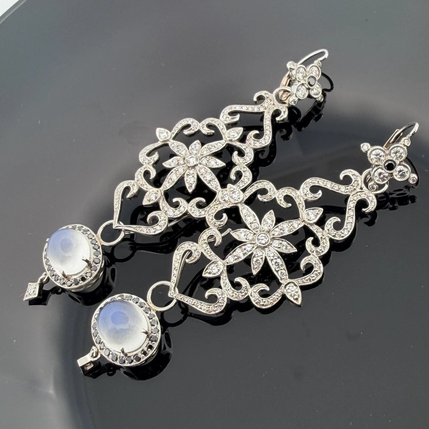 18K & 14K White Gold Moonstone Black Diamond Dangle Earrings 3" 17.9g