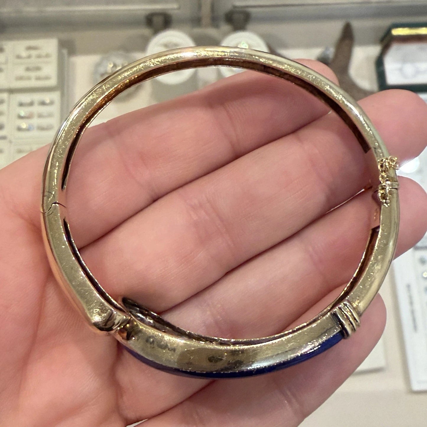 Vintage 14K Yellow Gold Lapis Lazuli Diamond Bypass Bangle Bracelet 24.33g