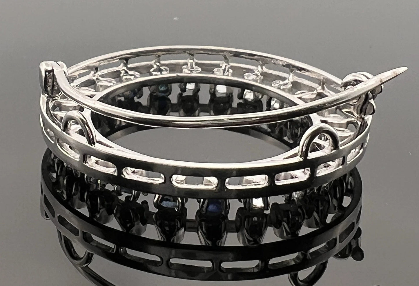 14K White Gold Natural Sapphire & Diamond Circle Pendant Brooch Estate