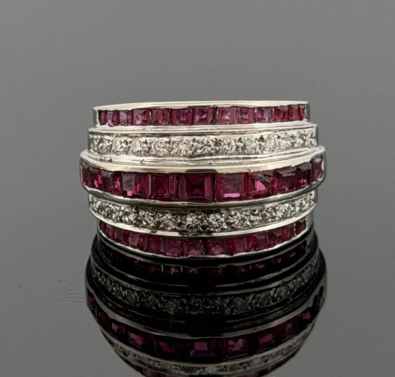 14K White Gold Ruby & Diamond Wide Band Ring Natural Square Rubies Size 7 by Devine & Co — side view