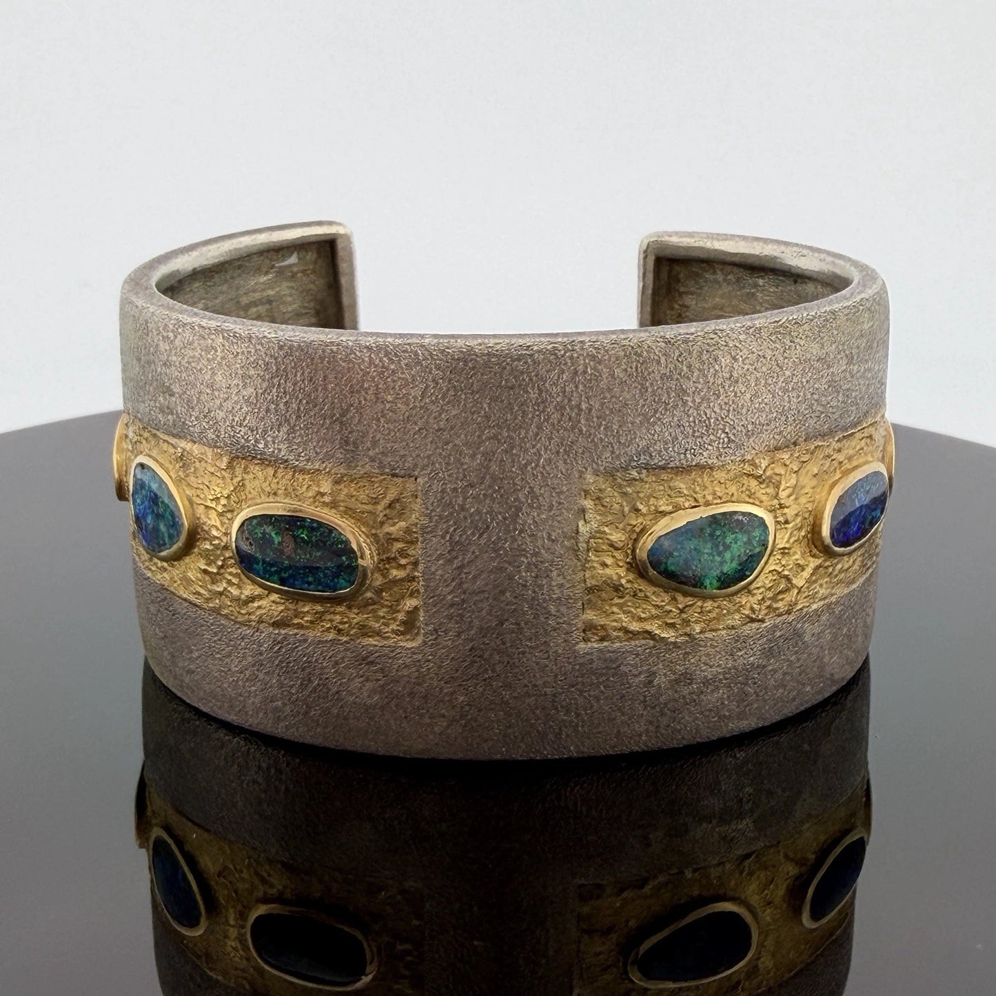 Boulder Opal Inlay Wide Cuff Bracelet 925 Sterling Silver 14K Gold 67g 30mm