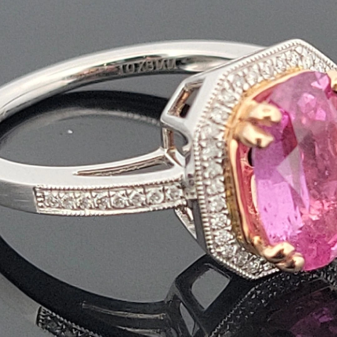 14K White & Yellow Gold Pink Sapphire Ring 2.53ct Oval Diamond Halo 0.14ctw Pave by Devine & Co — side view