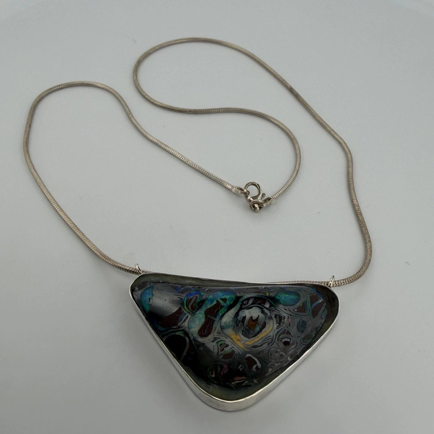Australian Boulder Opal Pendant Necklace Sterling Silver Custom Bezel 20” Chain, close-up detail