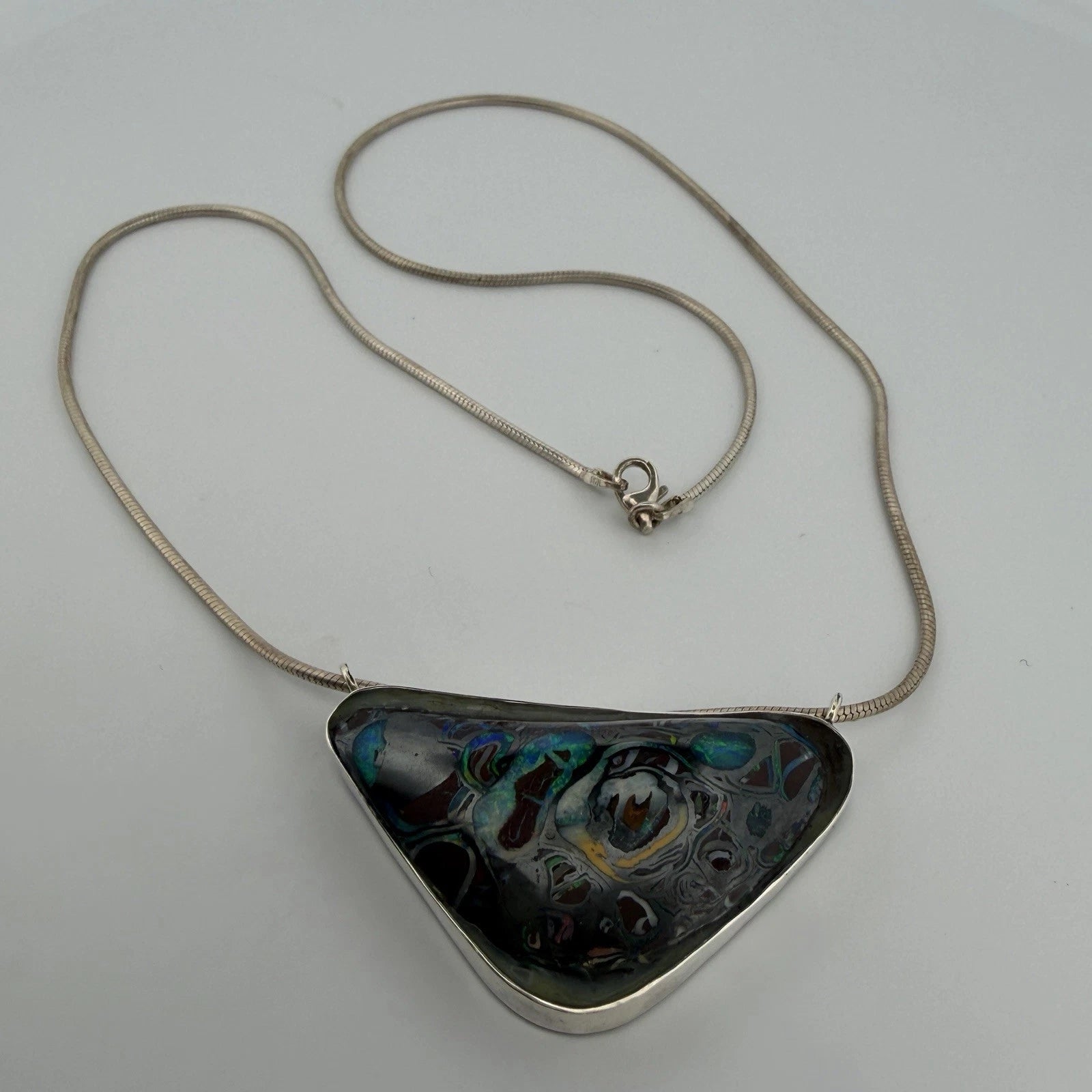 Australian Boulder Opal Pendant Necklace Sterling Silver Custom Bezel 20” Chain, close-up detail