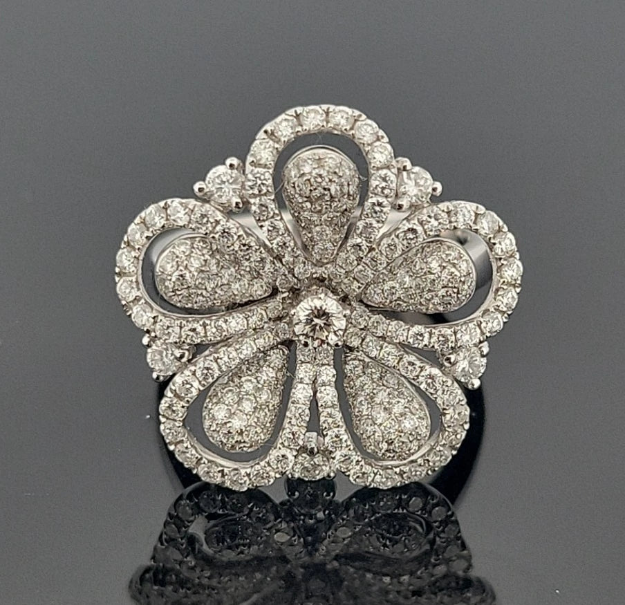 18K White Gold Pave Diamond Flower Ring 1.39ctw Natural Diamonds Size 6 by Devine & Co — side view