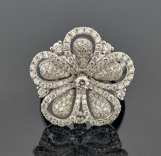 18K White Gold Pave Diamond Flower Ring 1.39ctw Natural Diamonds Size 6 by Devine & Co — side view