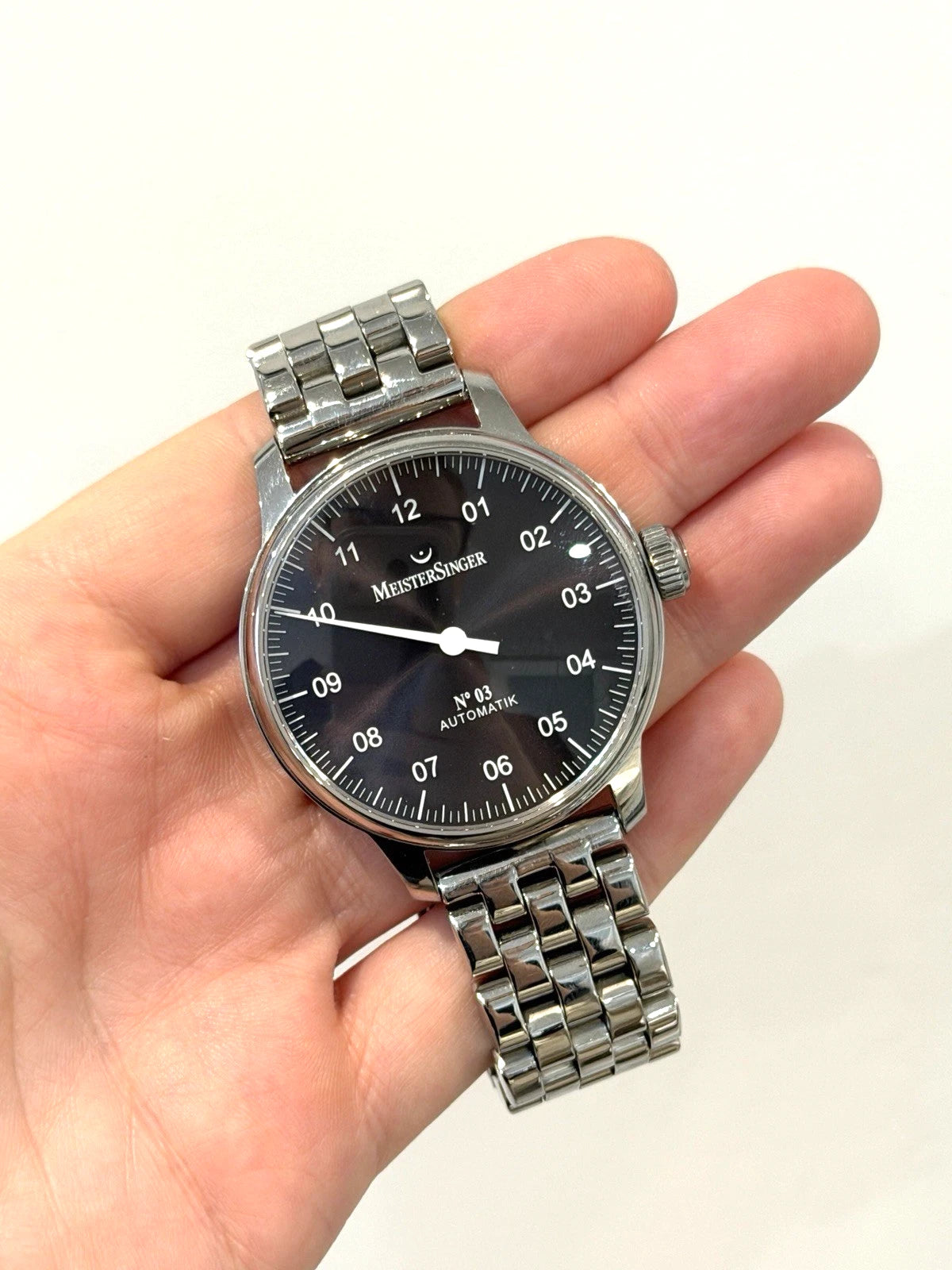 MeisterSinger No.03 Automatic Single-Hand Watch SS Black Dial Bracelet Full Set by Devine & Co — side view