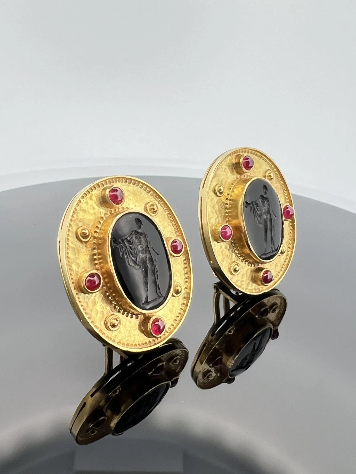 18K Yellow Gold Onyx Intaglio & Ruby Earrings 26g Handmade Omega Back Estate