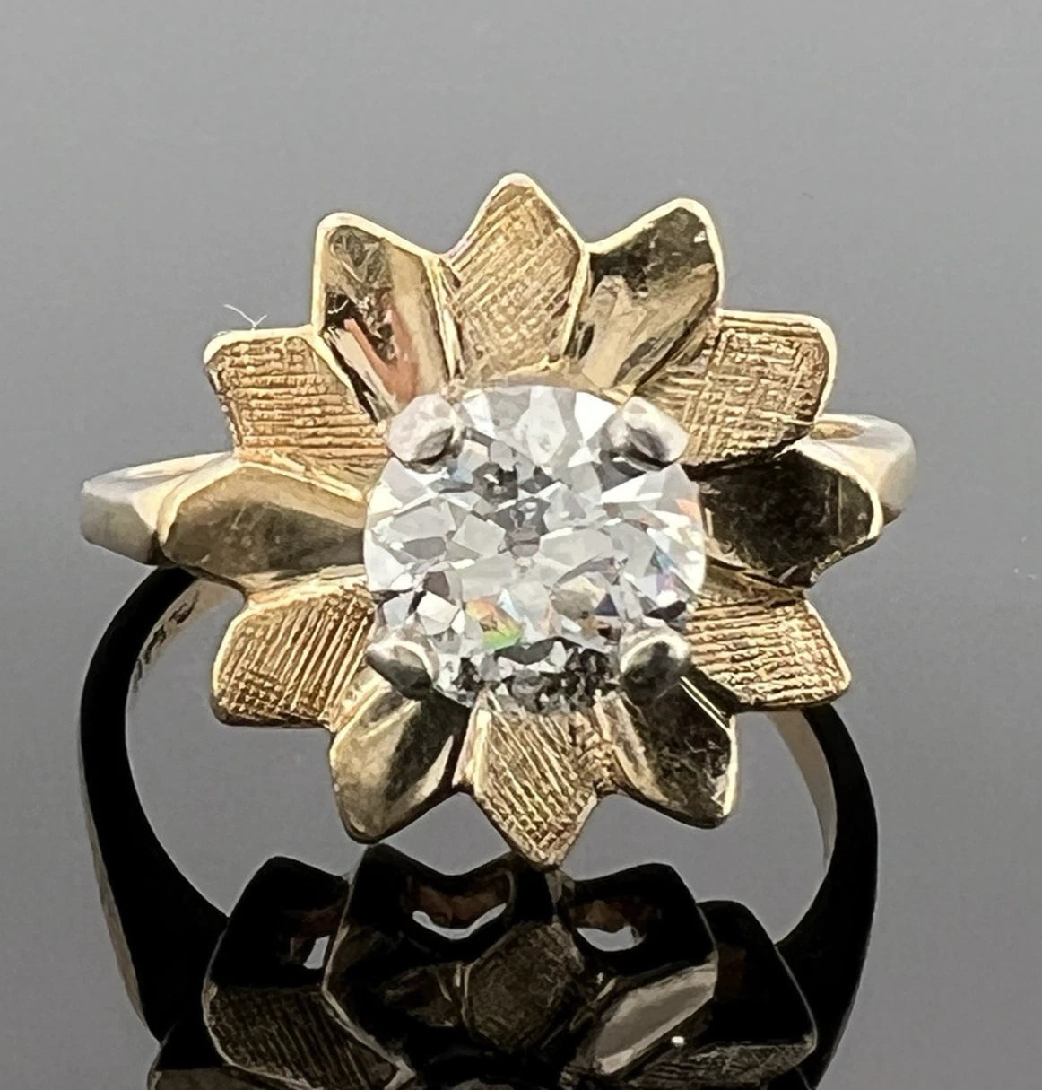 14K Yellow Gold 1.15ct Old European Cut Diamond Flower Ring H I2 Estate Sz 7.5