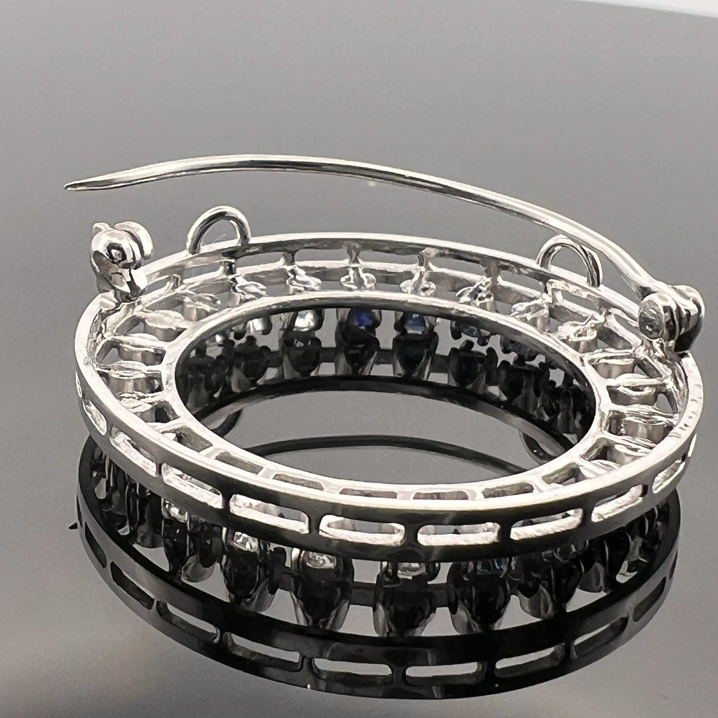 14K White Gold Natural Sapphire & Diamond Circle Pendant Brooch Estate
