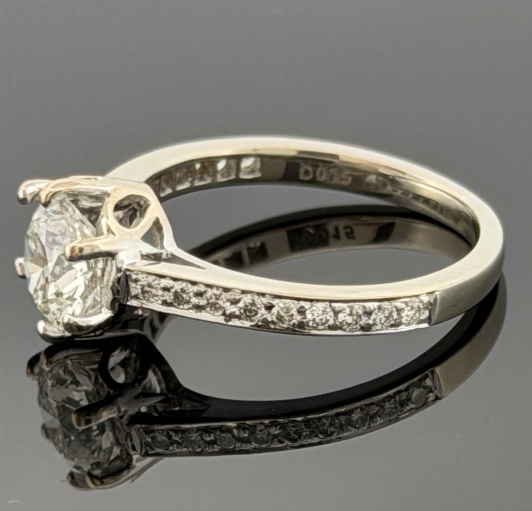 14K White Gold Engagement Ring GIA .96ct Round Natural Diamond SI1 I Size 4.75 by Devine & Co — detail view