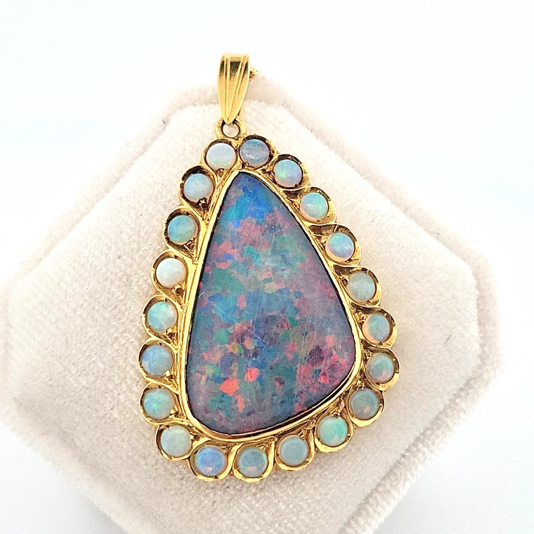Large Triangular Black Opal Doublet Pendant with Round Crystal Opals 18 13g 14K by Devine & Co — detail view