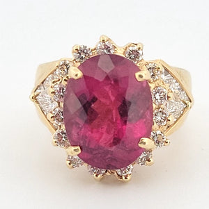 Natural Oval Rubellite Tourmaline Ring 6.90ct & 2CTW Diamonds 14K Yellow Sz 6.5
