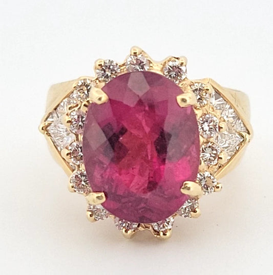 Natural Oval Rubellite Tourmaline Ring 6.90ct & 2CTW Diamonds 14K Yellow Sz 6.5 by Devine & Co — detail view