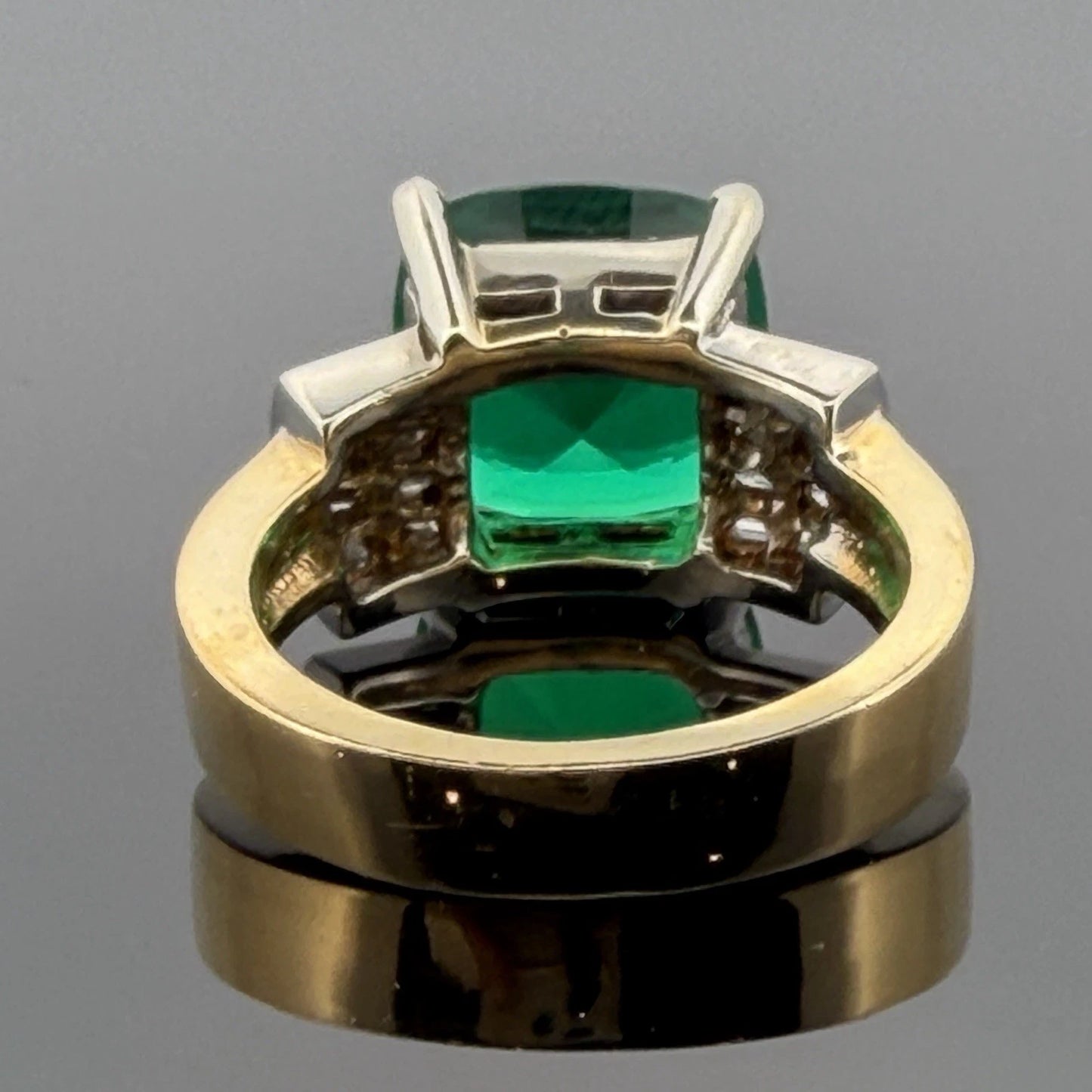Lab Created Emerald and Diamond Ring 14K Two Tone Gold Heavy Mounting 12x12mm Sz 8, profile detail