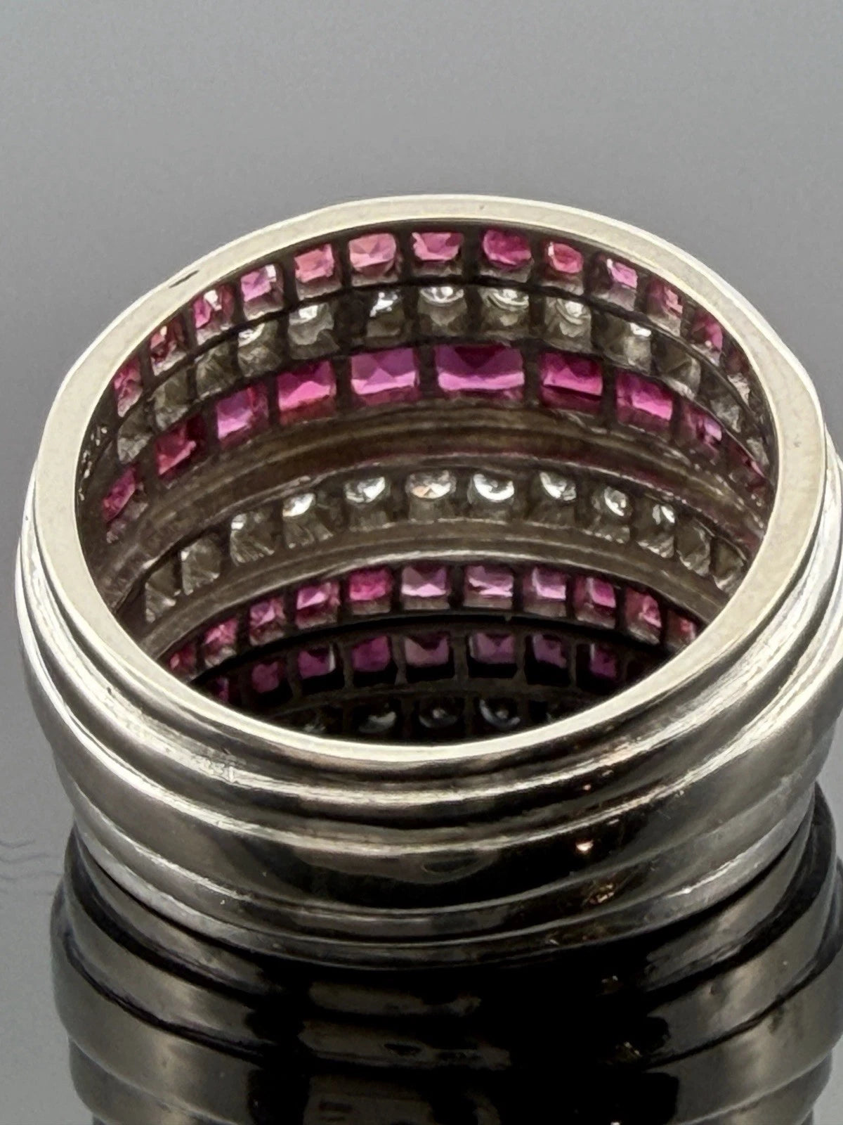 14K White Gold Ruby & Diamond Wide Band Ring Natural Square Rubies Size 7 by Devine & Co — detail view