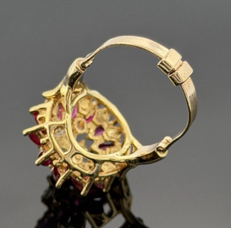 14K Yellow Gold Marquise Ruby & Diamond Cluster Ring – 8.45g – Adjustable 4.5–7 by Devine & Co — detail view