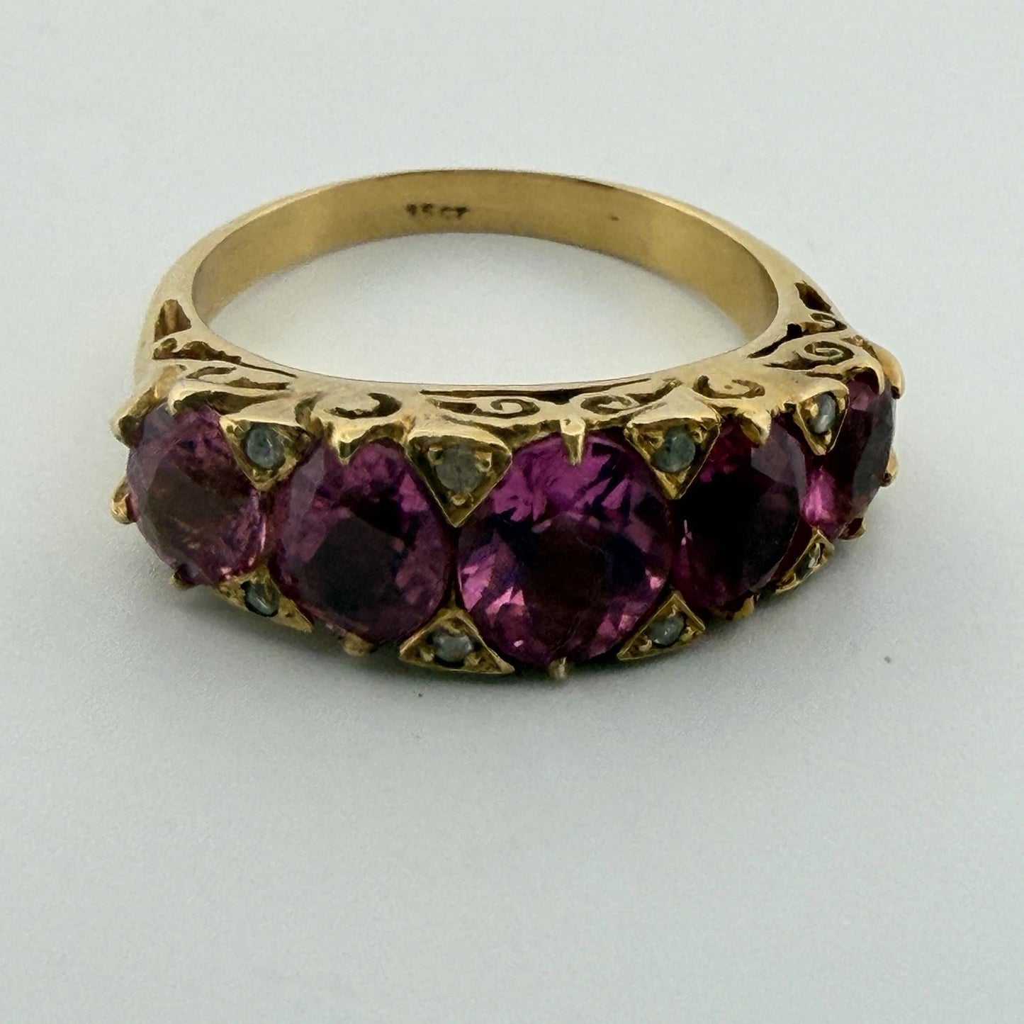 Vintage 15K Yellow Gold Pink Gemstone & Diamond Chip Ring Size 6 Estate