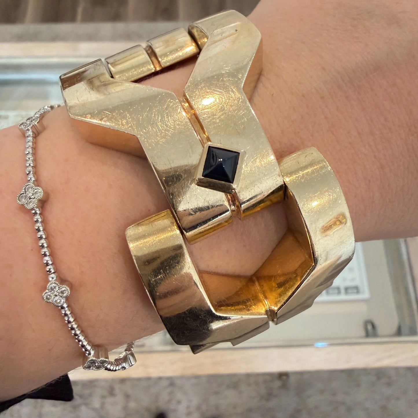 Vintage 14K Yellow Gold Wide Link Bracelet Schiaparelli Hamilton Hidden Watch