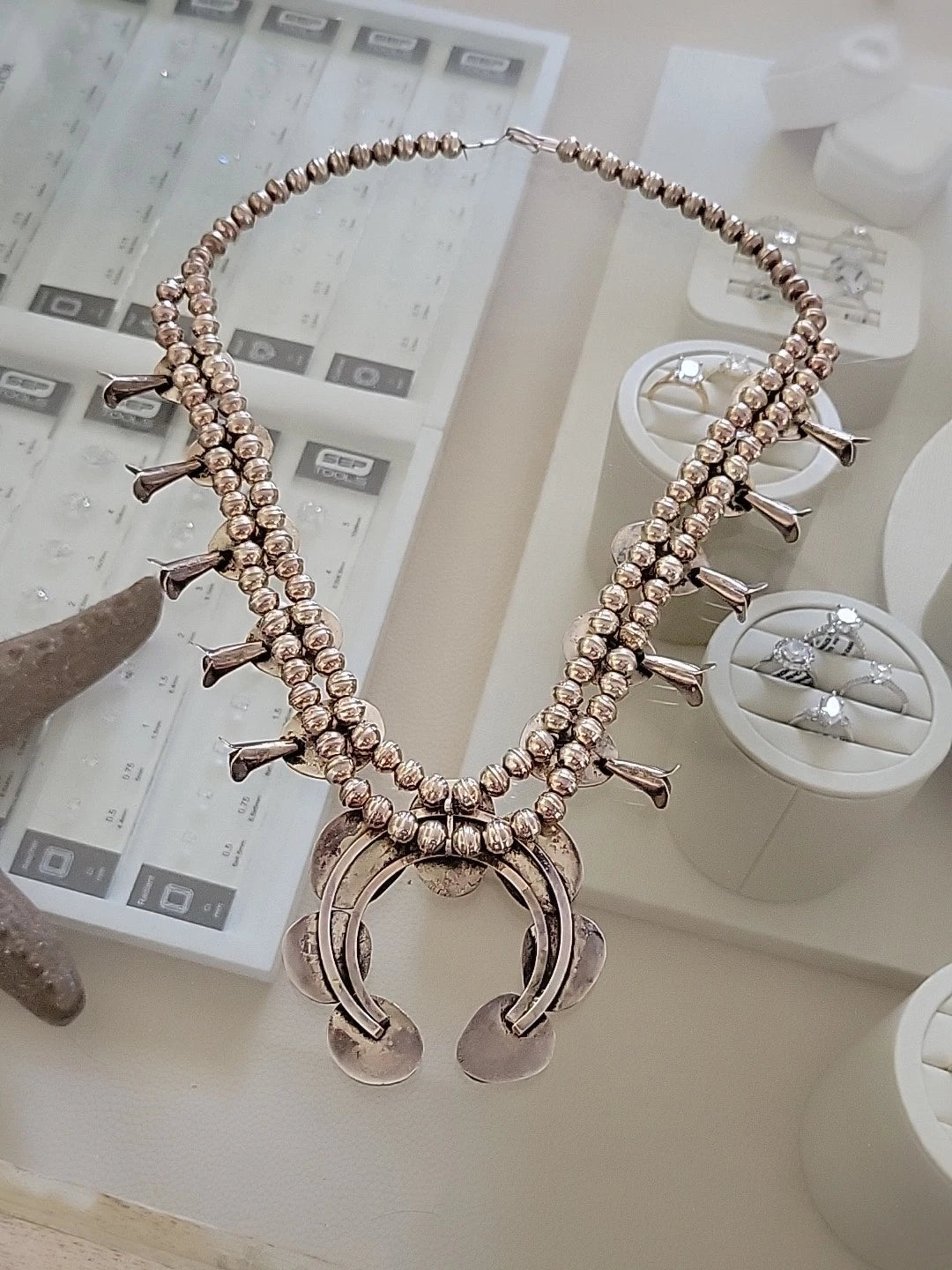 Vintage Sterling Silver Squash Blossom Necklace with Turquoise, 170 Grams, 24" by Devine & Co — detail view