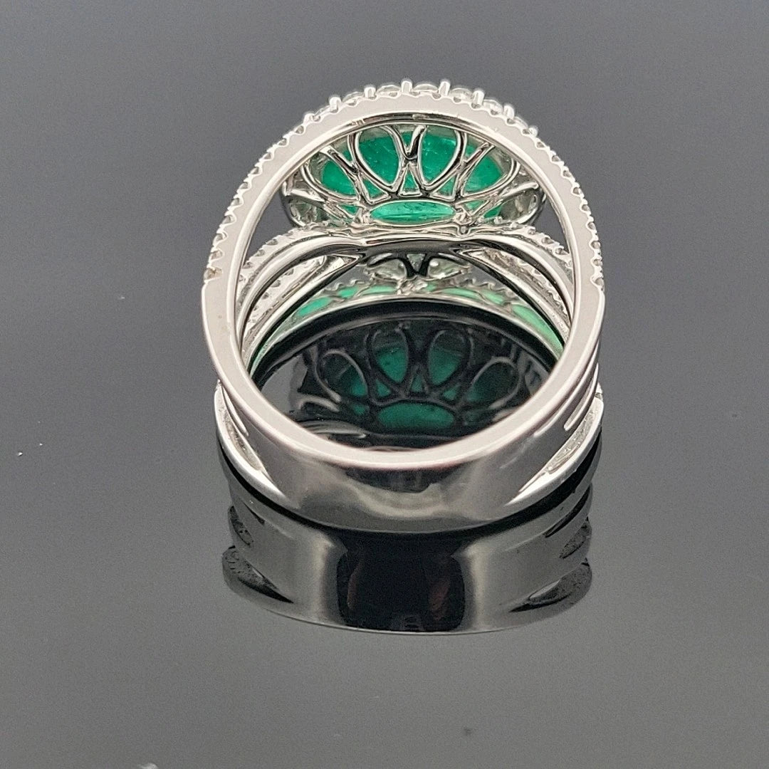 18K White Gold Oval Cabochon Emerald Ring 4.63ct Diamond Split Pave Shank 0.85ct by Devine & Co — detail view