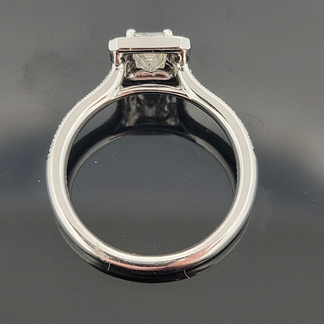 14K White Gold Emerald Cut Diamond Ring 0.72ct VS2 J, Halo Diamonds 0.34ctw by Devine & Co — close-up