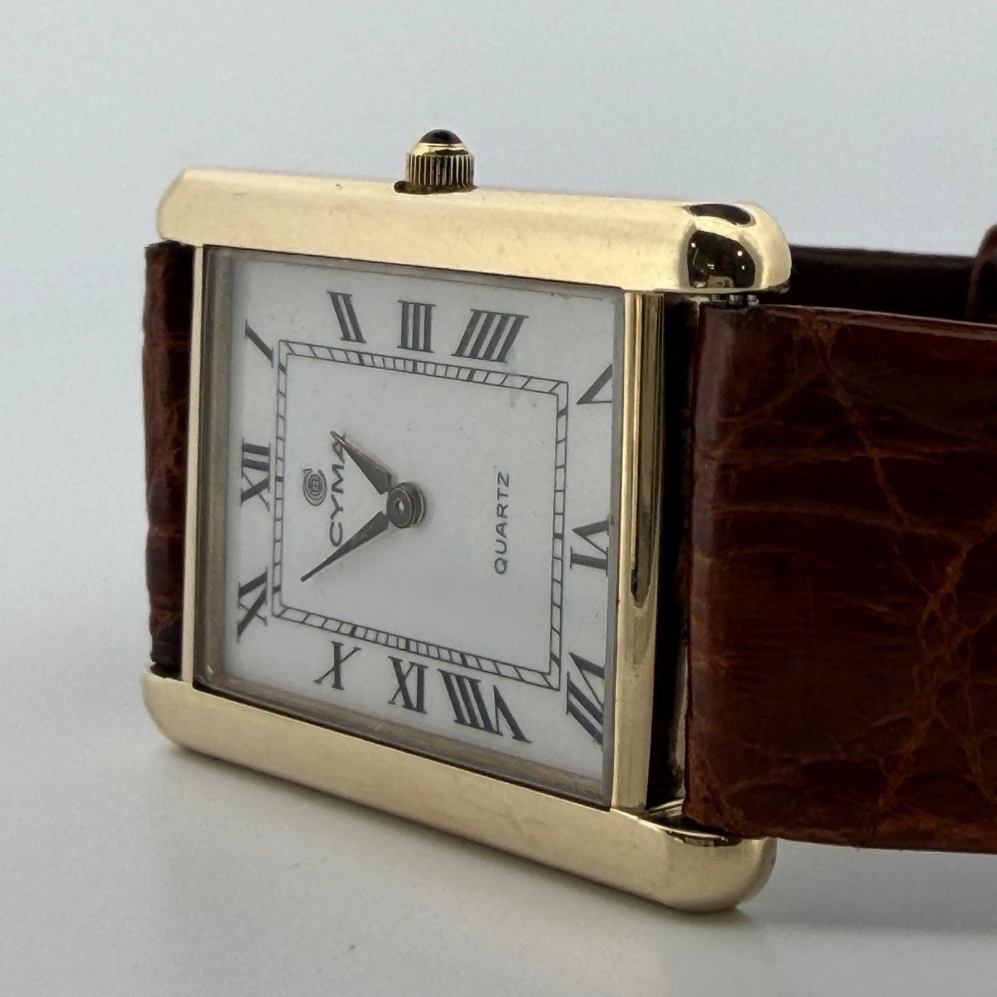 Cyma Swiss Quartz Tank Style Watch 14K Yellow Gold Case Vintage 1990's, side detail