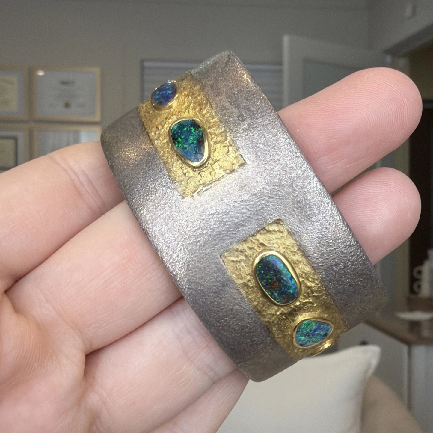 Boulder Opal Inlay Wide Cuff Bracelet 925 Sterling Silver 14K Gold 67g 30mm