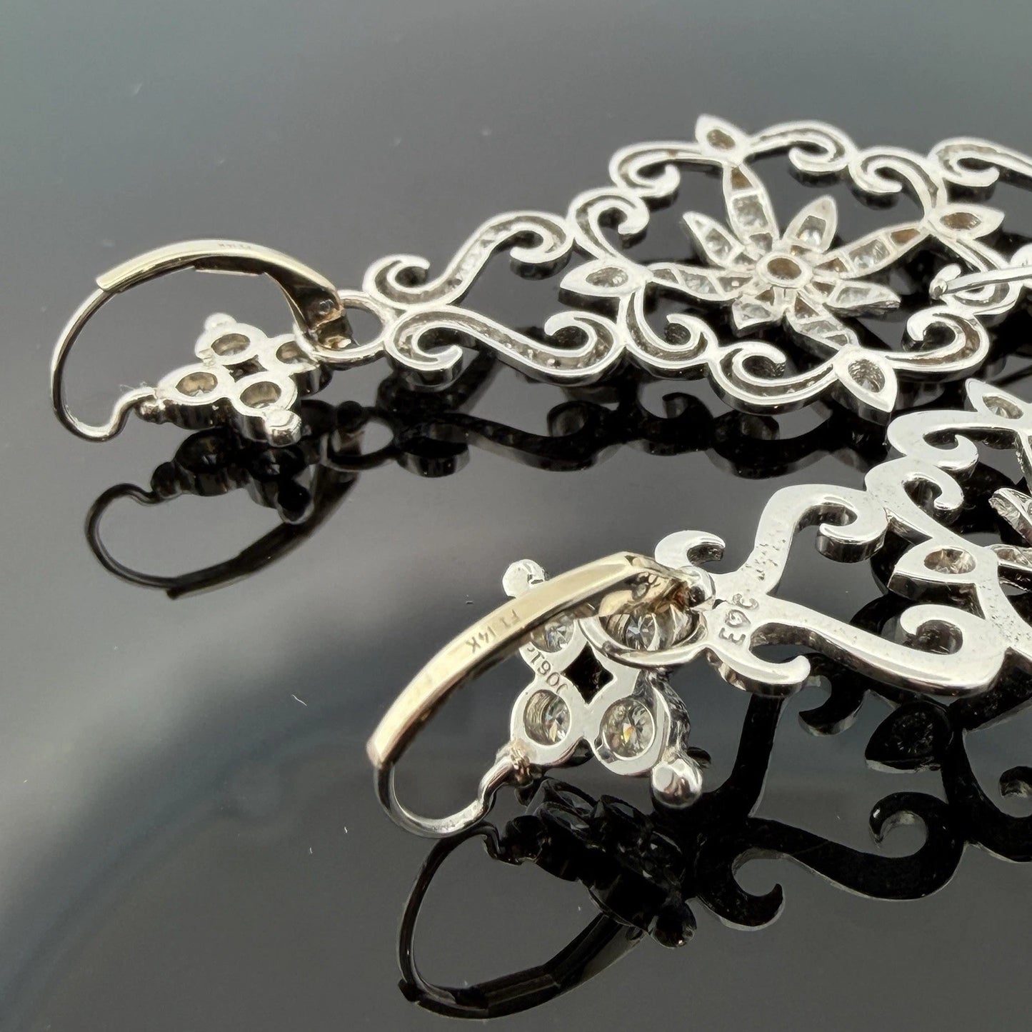 18K & 14K White Gold Moonstone Black Diamond Dangle Earrings 3" 17.9g