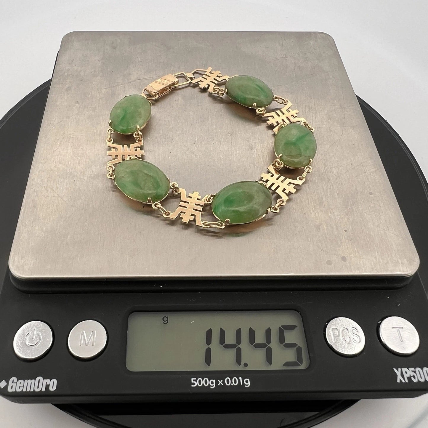 Vintage 14K Yellow Gold Jadeite Jade 5 Cabochon Bracelet 7” Estate