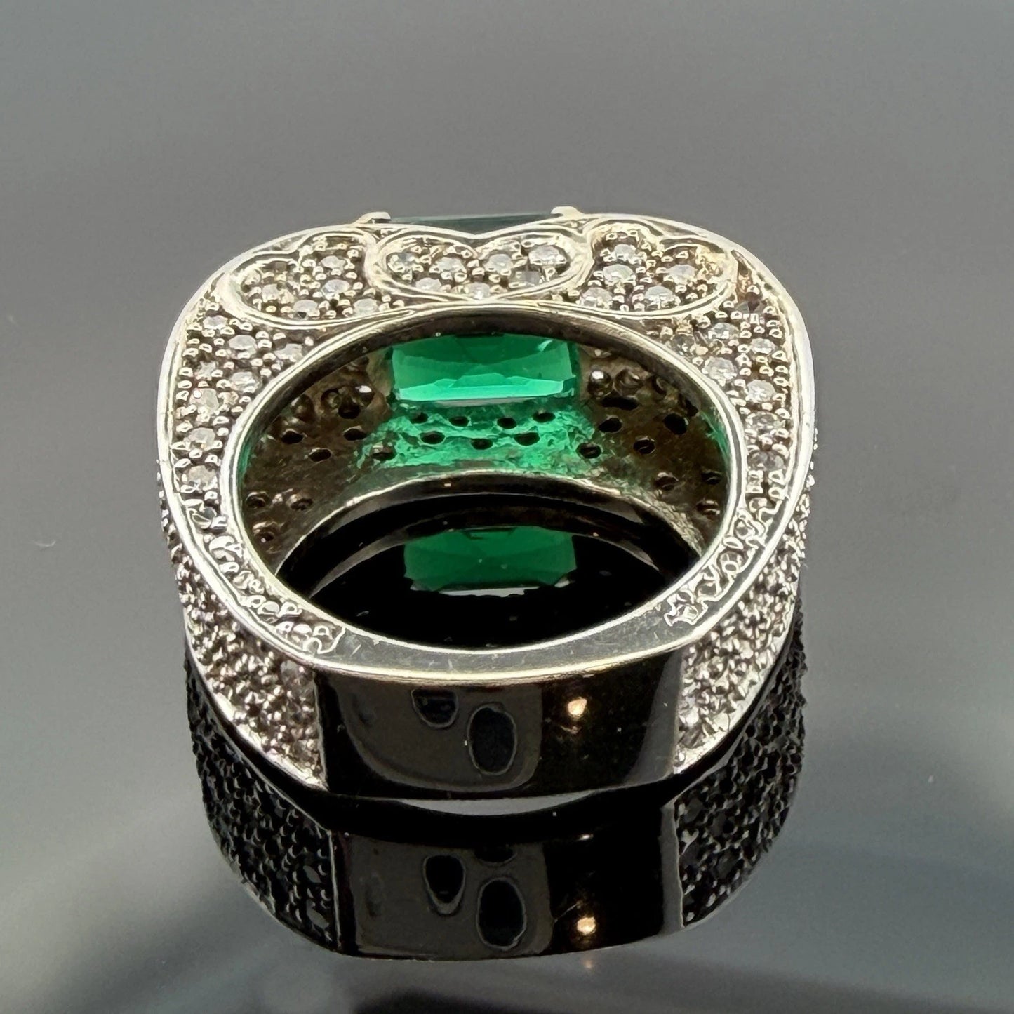 Lab Created Emerald and Diamond Ring 14K White Gold Wide Pavé Mounting 1.50CTW, gallery detail
