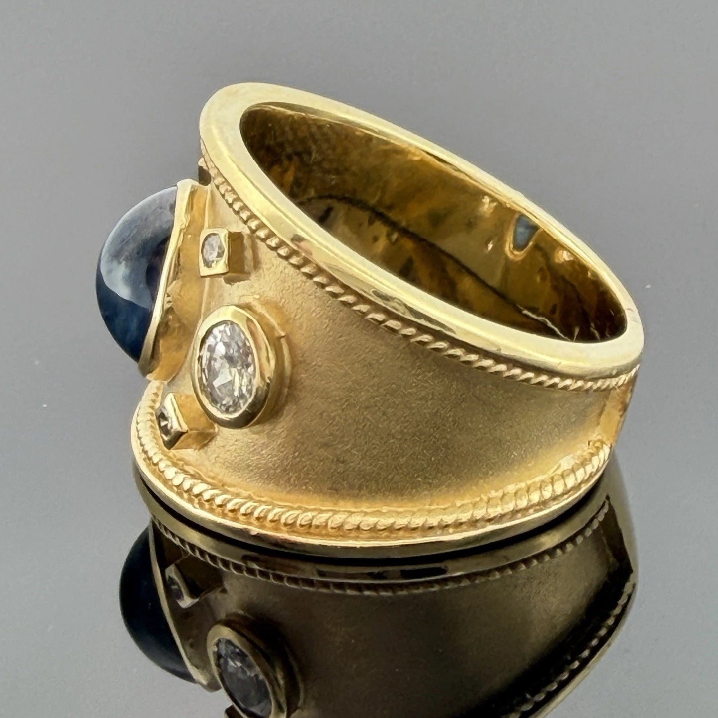 Handmade 18K Yellow Gold Sapphire Diamond Ring Wide Band Size 9 Estate 13g