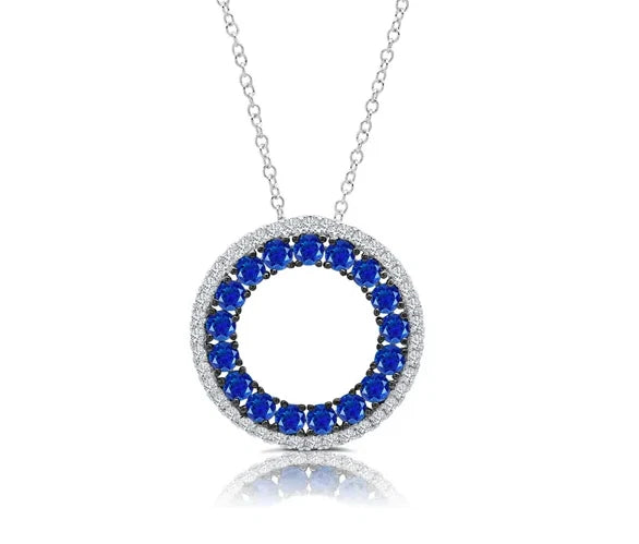 Graziela 18K White Gold Blue Round Sapphire & Diamond Circle Necklace 16" by Devine & Co — detail view