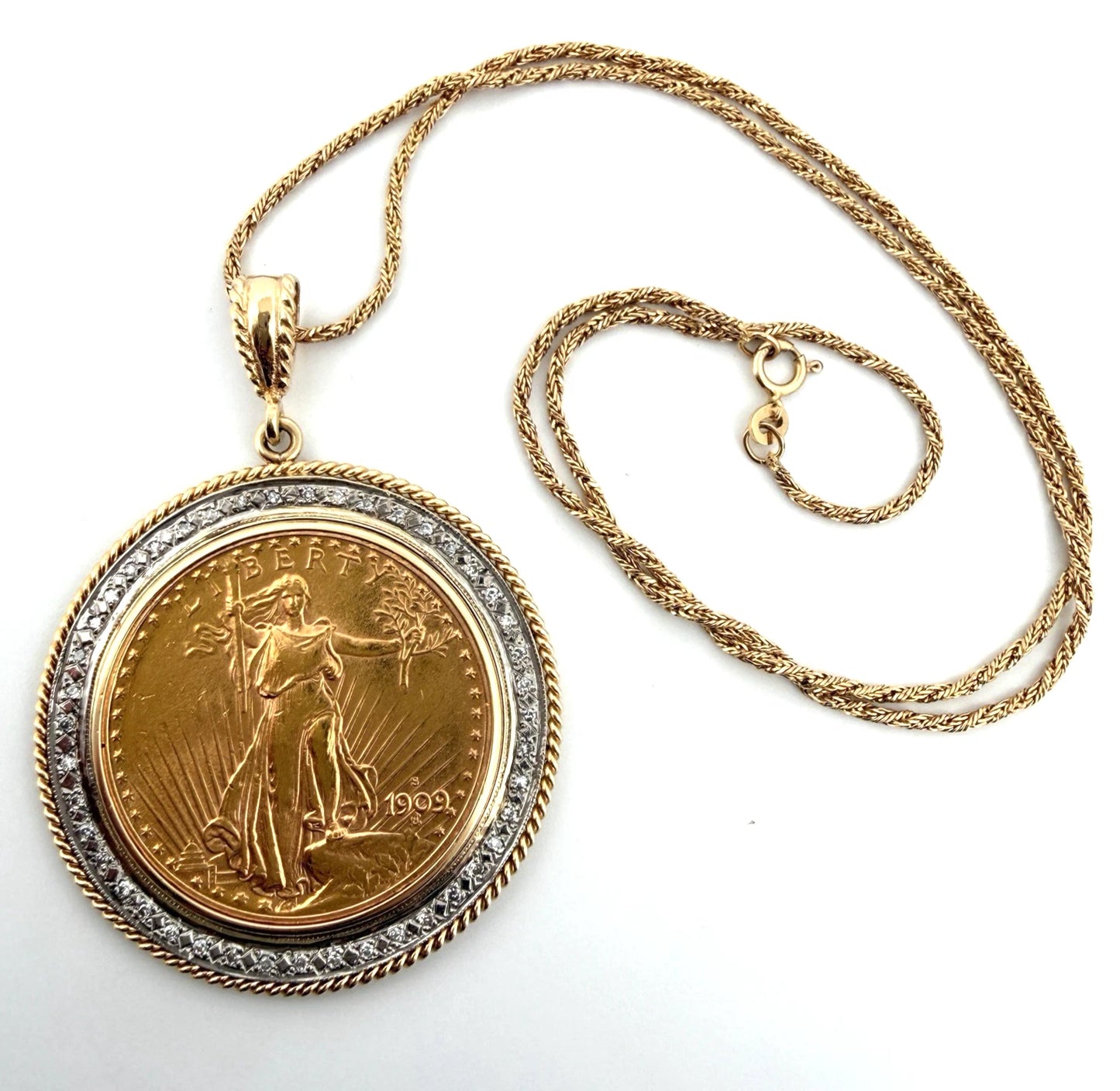 1909 $20 Liberty Gold Coin Diamond Bezel Pendant 14K Gold Necklace 54.62g