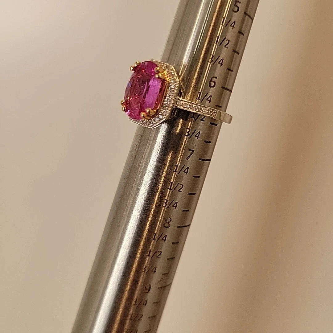 14K White & Yellow Gold Pink Sapphire Ring 2.53ct Oval Diamond Halo 0.14ctw Pave by Devine & Co — detail view