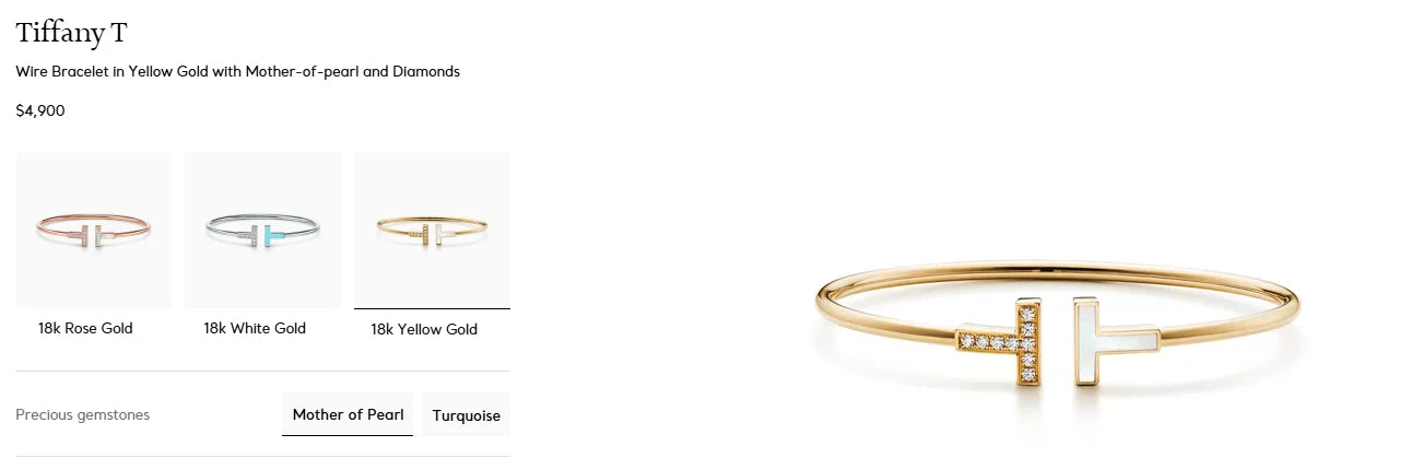 Tiffany & Co. T Wire Bracelet 18K Yellow Gold Mother of Pearl Diamond Bracelet by Devine & Co — close-up