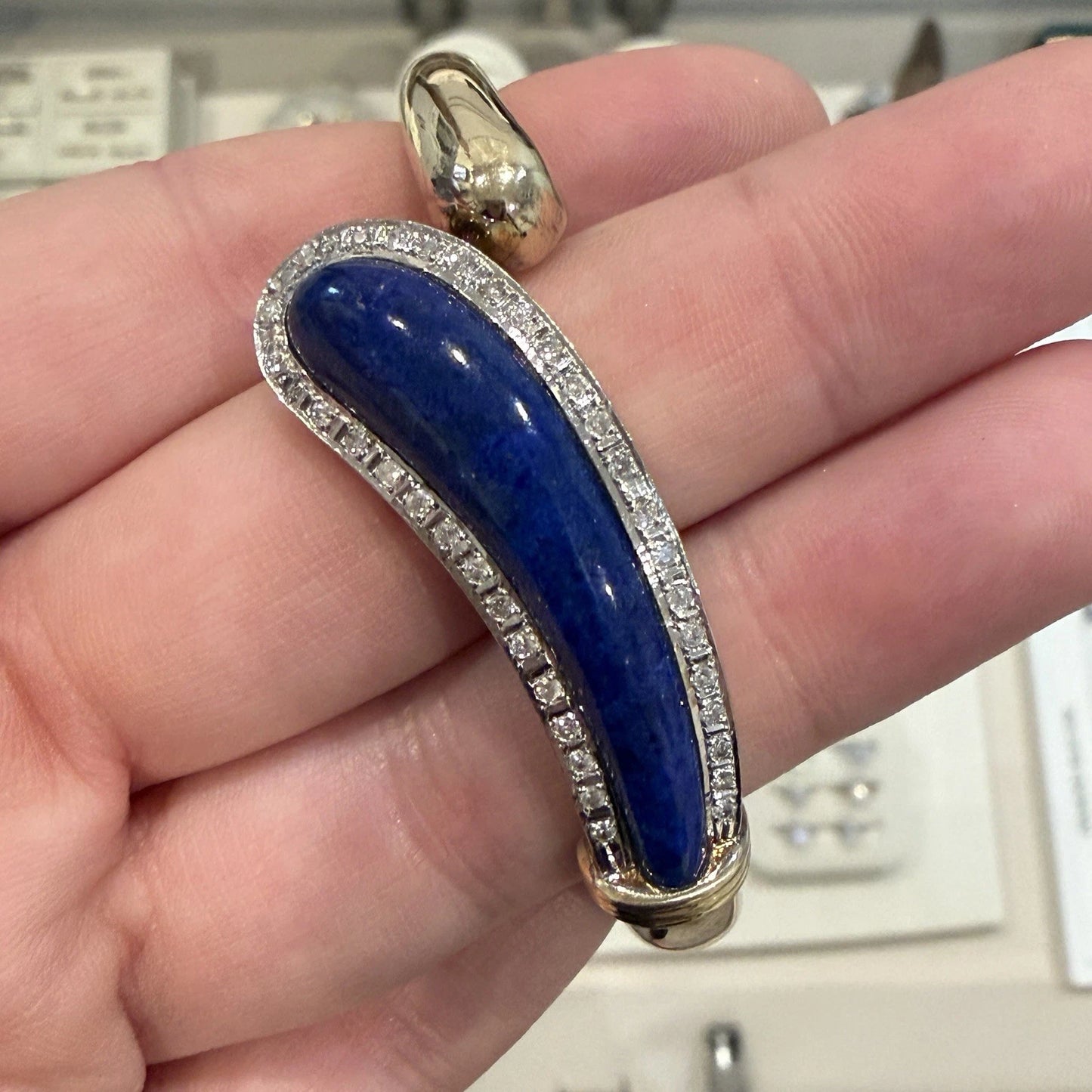 Vintage 14K Yellow Gold Lapis Lazuli Diamond Bypass Bangle Bracelet 24.33g