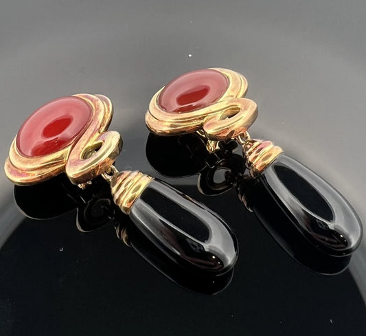 Kai-Yin Lo Red & Black Agate Earrings Vermeil Omega Clips 24g Estate