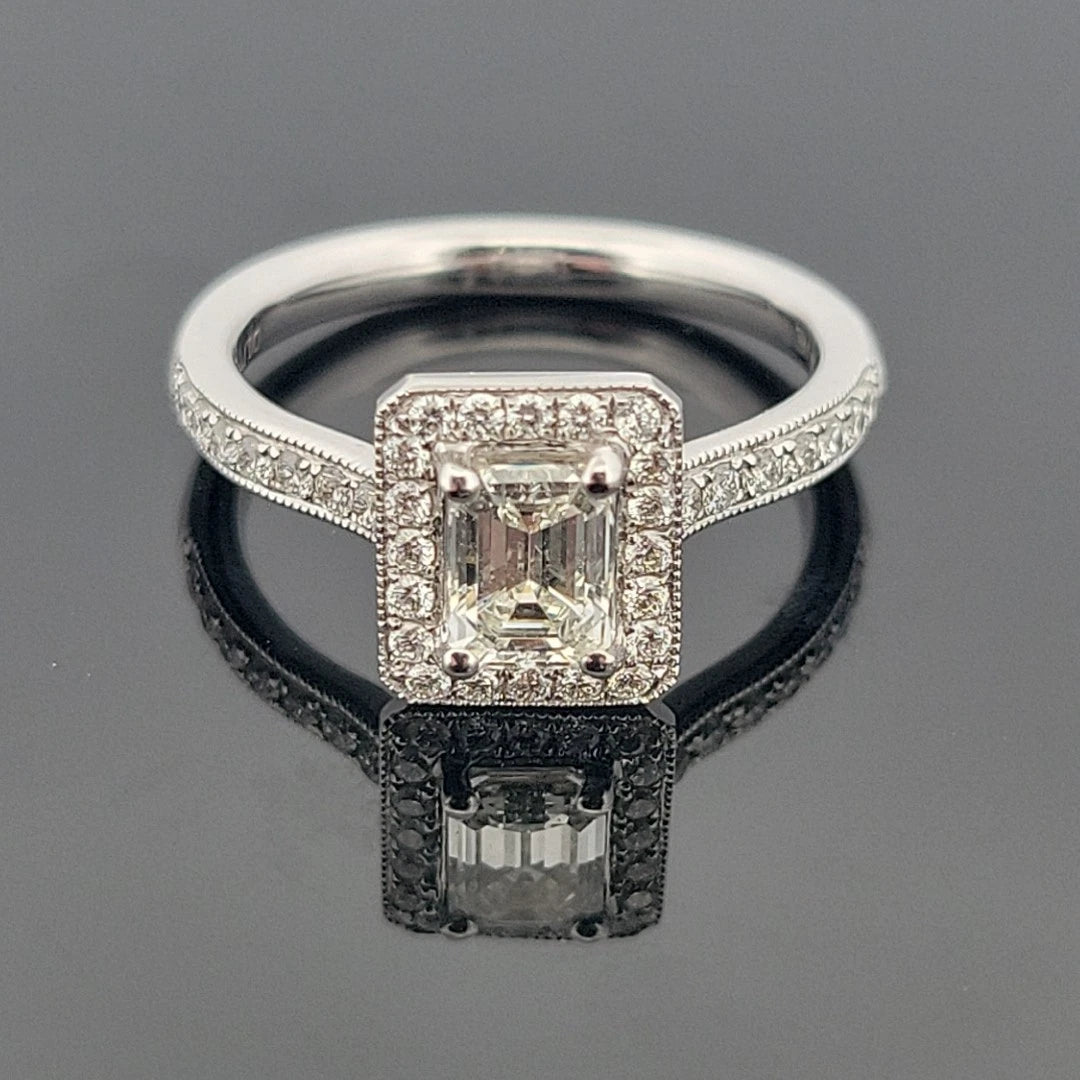 14K White Gold Emerald Cut Diamond Ring 0.72ct VS2 J, Halo Diamonds 0.34ctw by Devine & Co — profile view