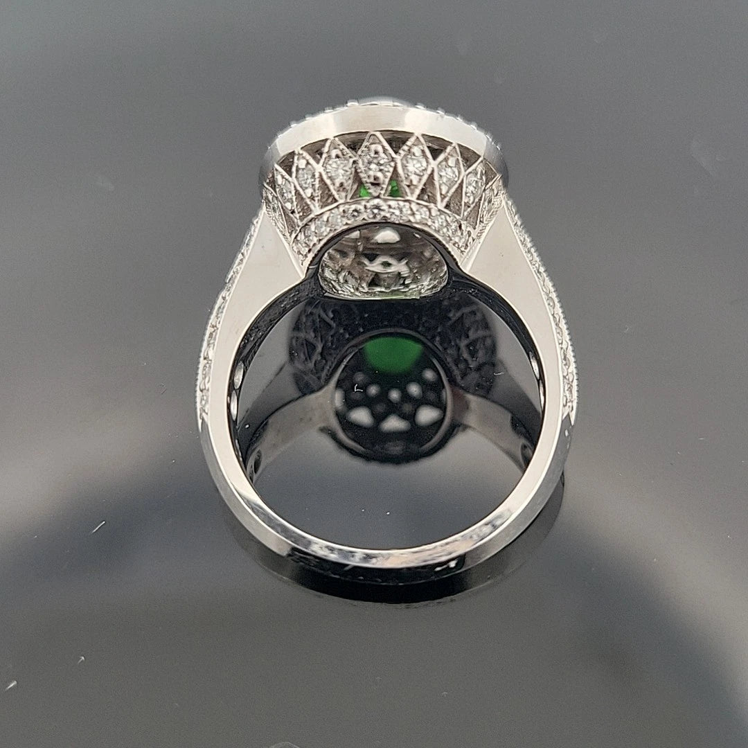 18K White Gold Tsavorite & Diamond Ring 1.51ct Oval Tsavorite 1.02ctw Diamonds by Devine & Co — close-up